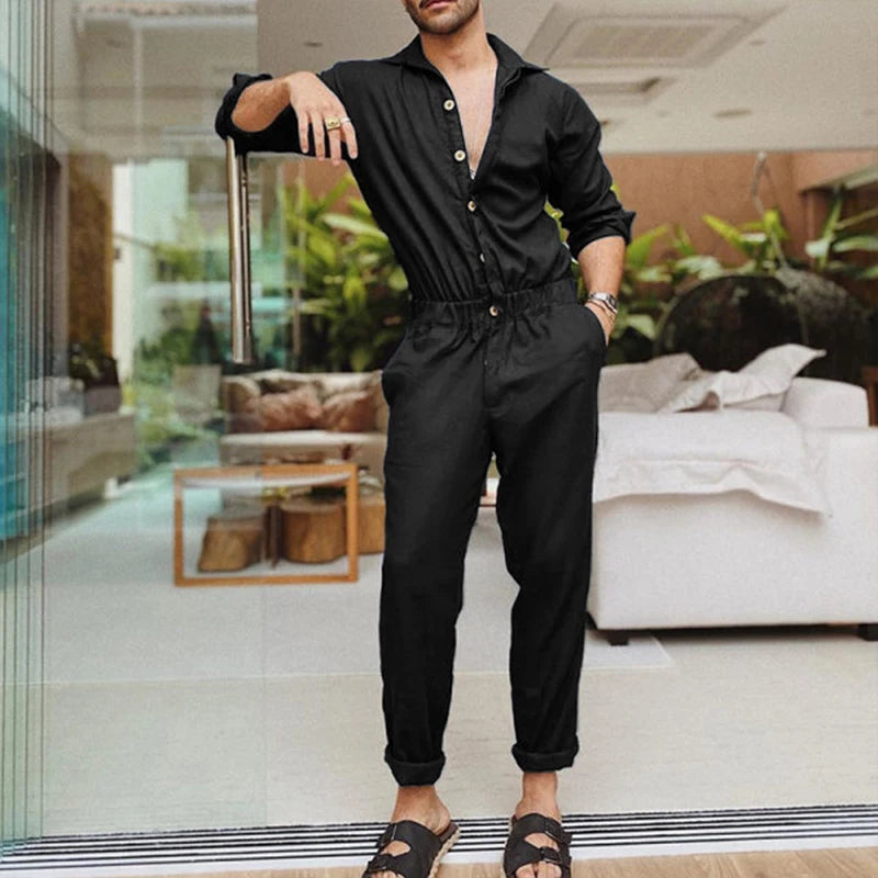 Men Solid Color Jumpsuit Playsuit  Buttons Casual Cargo Clothes Overalls Turn Down Collar Long Sleeve Oversized Waist Pants