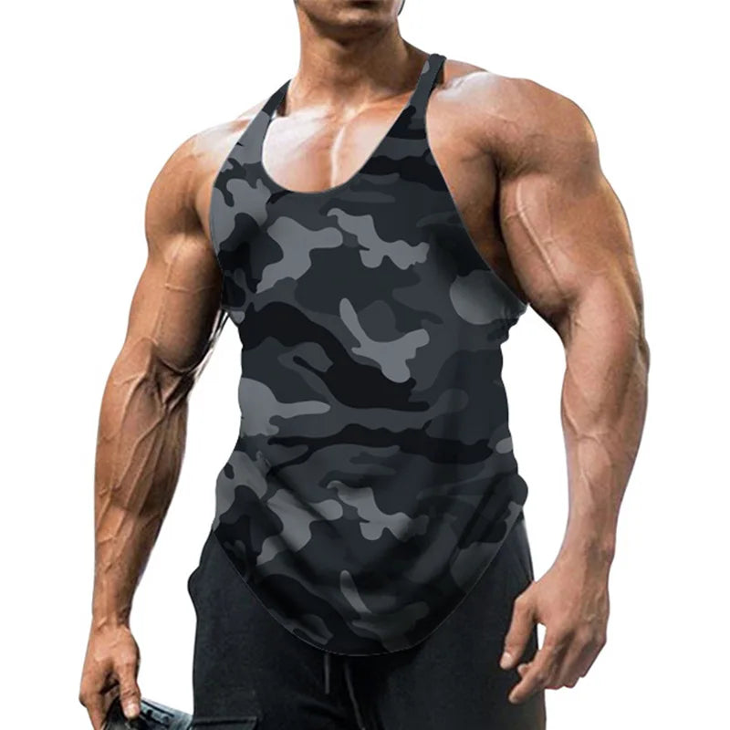 Men's Back Gym Stringer Tank Top Camouflage Top Breathable Bodybuilding Gym Vest Sleeveless Men T-shirt Crew Neck Fitness Tee