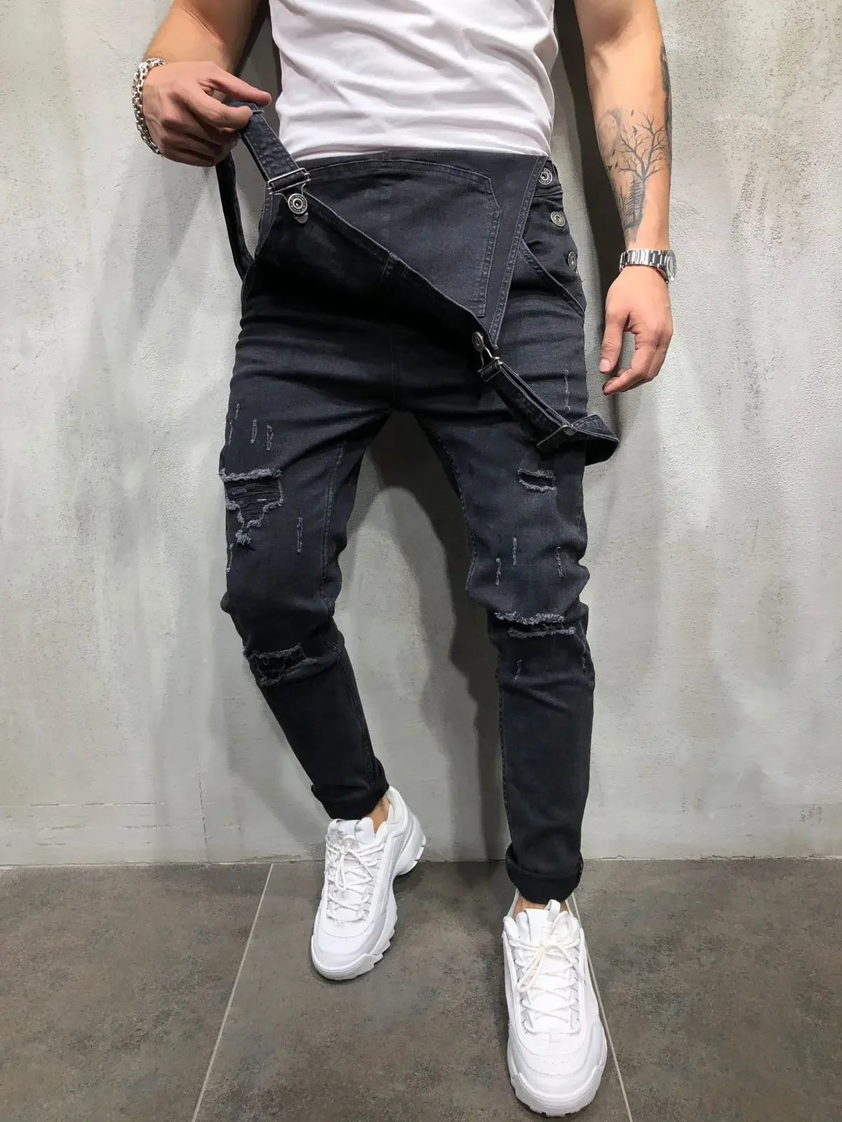 Men Jeans Jumpsuits Denim Overalls Distressed Pockets One Piece Pencil Pants Solid Washed Ankle Length Safari Style Spliced 2025