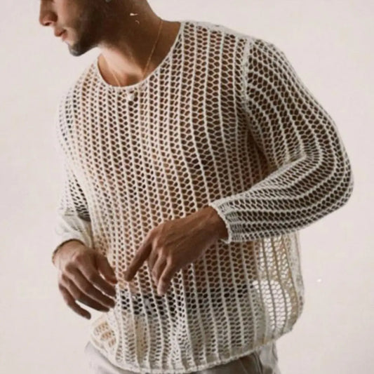 Knit Mesh Top Men Transparent Sexy See Through Men Long Sleeve Tee Streetwear Men's Clothing Fishnet Muscle Undershirts