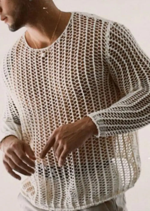 Knit Mesh Top Men Transparent Sexy See Through Men Long Sleeve Tee Streetwear Men's Clothing Fishnet Muscle Undershirts