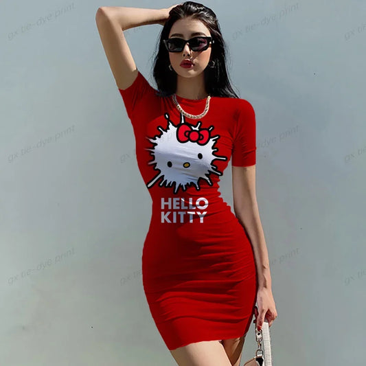 Summer Women's New Korean Temperament HELLO KITTY Print Dress Section Short-sleeved Waist Tight Sexy Bag Hip Dress