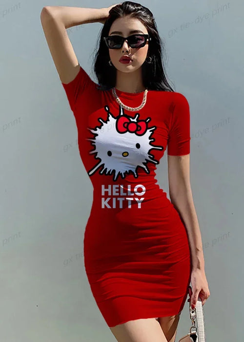 Summer Women's New Korean Temperament HELLO KITTY Print Dress Section Short-sleeved Waist Tight Sexy Bag Hip Dress