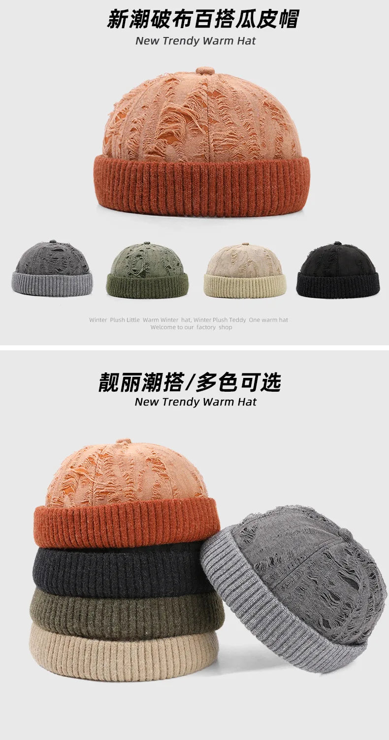 Men's Beanie Cap Knit Hat Boy Skullcap Sailor Cap Cuffs Solid Color Unisex Autumn Warm Cap Korean Version Small Face Cold Hat