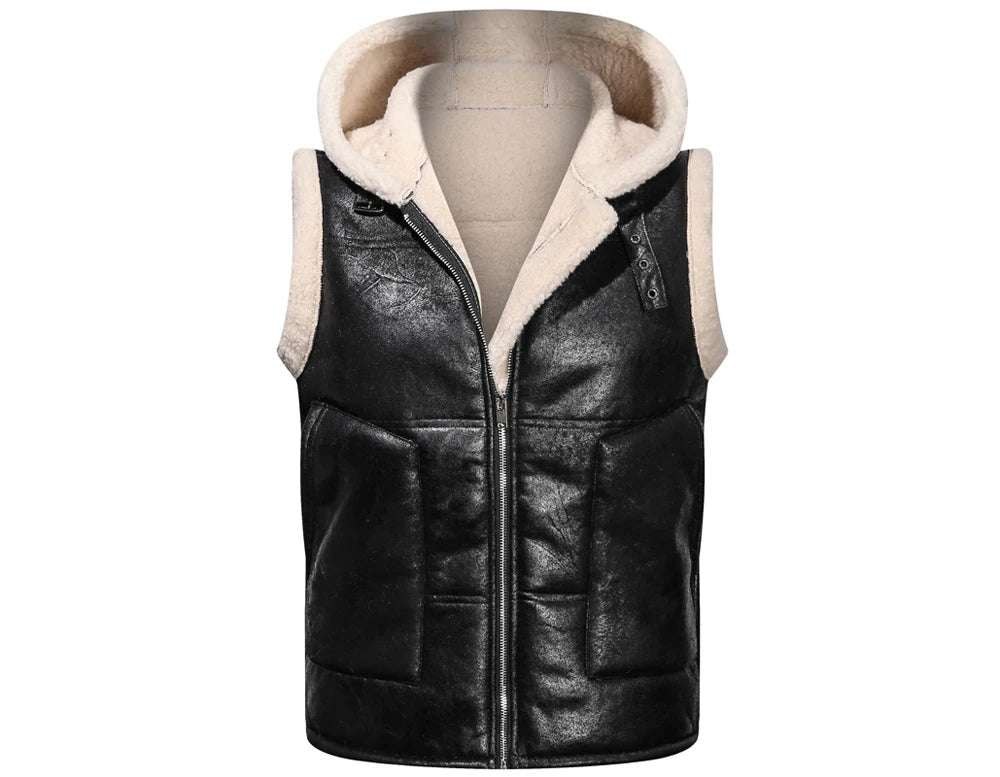 Winter Men's Fleece Warm PU Leather Vests Classical Men Faux Fur Motorcycle Leather Vests Men Windbreaker Hooded Vests Clothing
