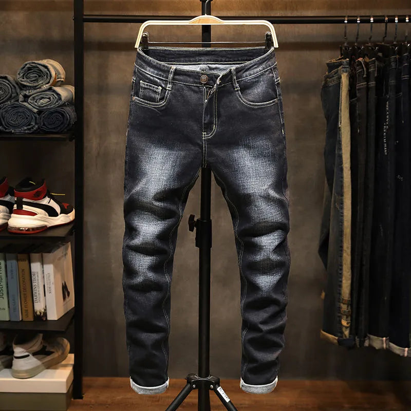 Spring and Autumn New Classic Fashion Solid Color Elastic Small Foot Pants Men's Casual Slim Comfortable High-Quality Jeans