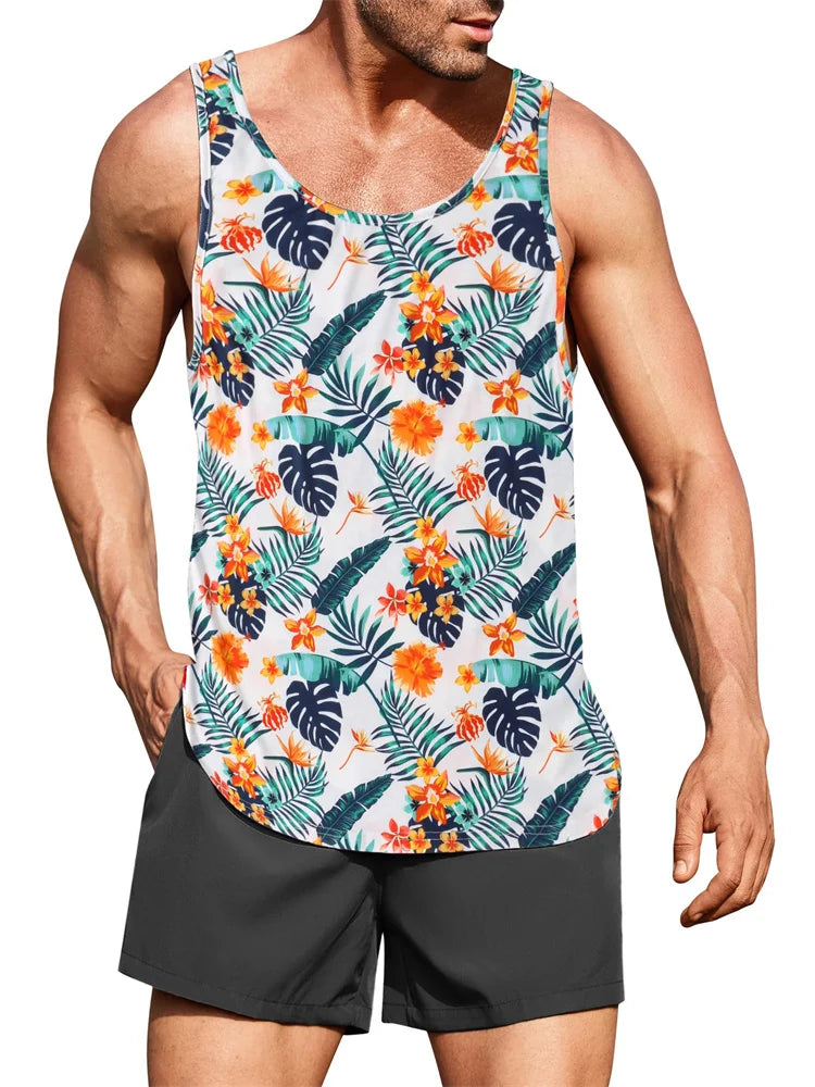 New Summer Men's Sleeveless T-Shirt Men's Outdoor Hawaii Classic Travel Wear Plus-Size Round Neck Palm Leaf 3D Printed Vest
