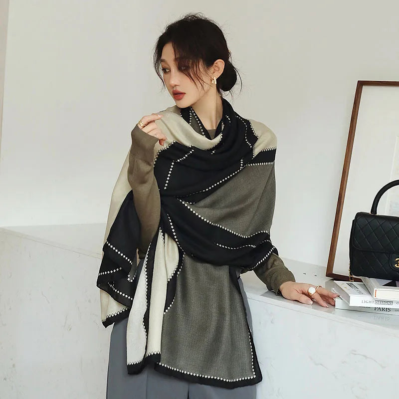 Plain Stripe Cotton Scarf for Women Winter Warm Tassel Linen Pashmina Scarves Hijab Lady Foulard Shawls Wraps Female Bandana New