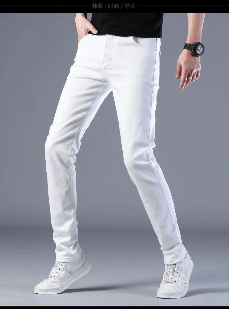 2024 Spring and Autumn New Fashion Trend White Elastic Denim Pants Men's Casual Slim Comfortable Breathable Small Legs 28-38