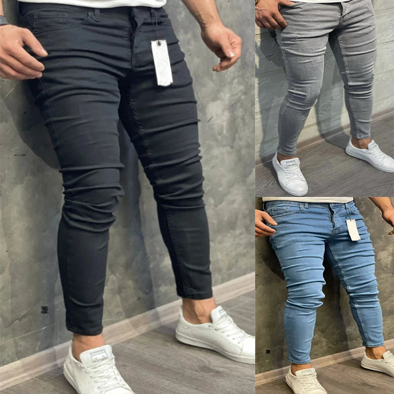 High Quality Fashion European American Classic Solid Washing Denim Pants Casual Men's Stretch Trouser Blue Skinny Jeans Men