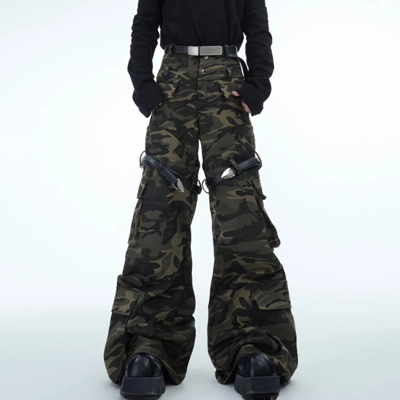 LUZHEN Belt Design Camouflage Work Pants Washed Vintage High Quality Cargo Trousers Trendy Streetwear Men's Straight LZ7881