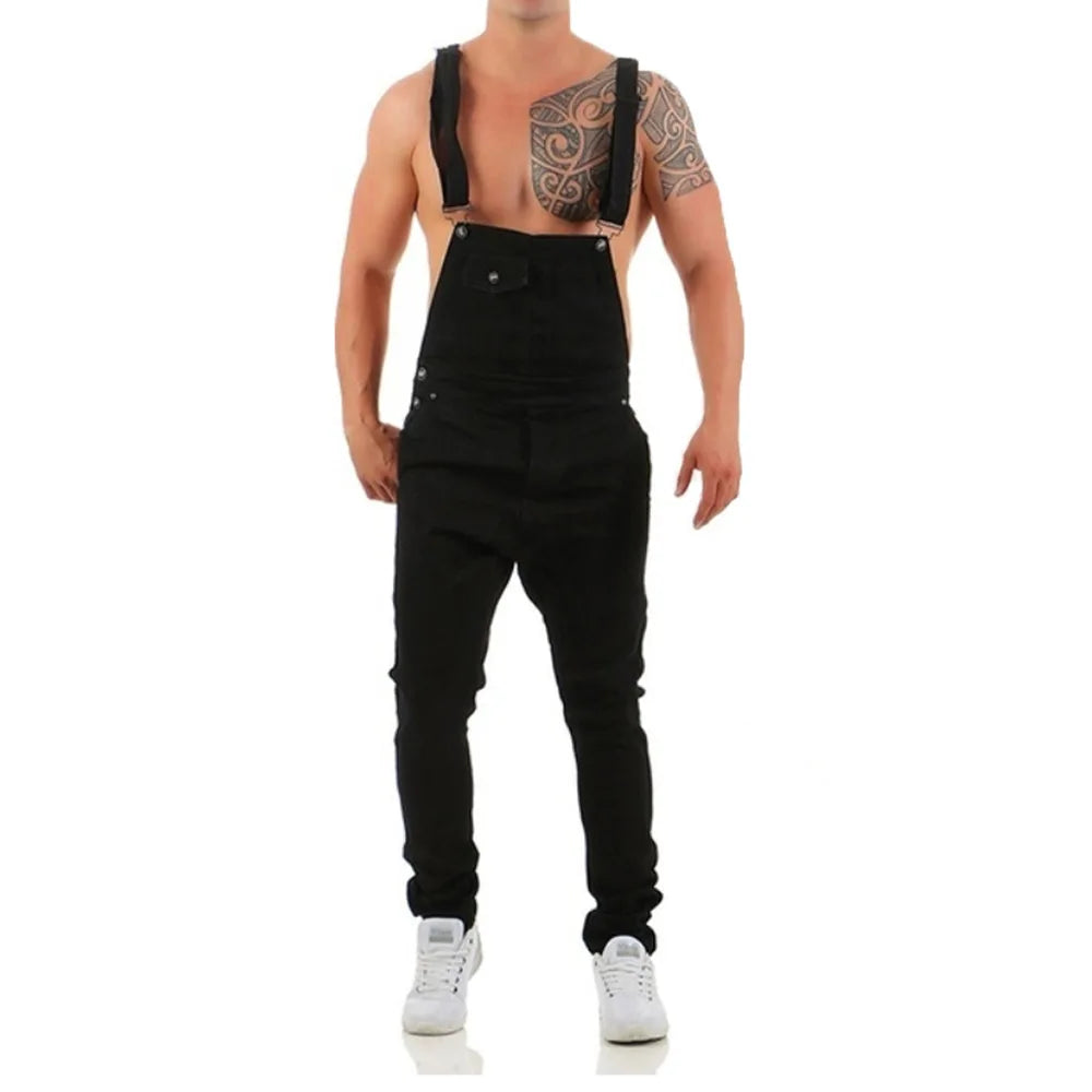 Kakan - New European and American Men's Suspender Jeans, Blue Black Torn Color Matching Jumpsuit Long Jeans K34-992
