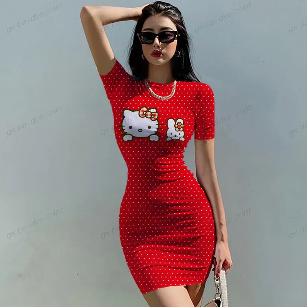 Summer Women's New Korean Temperament HELLO KITTY Print Dress Section Short-sleeved Waist Tight Sexy Bag Hip Dress