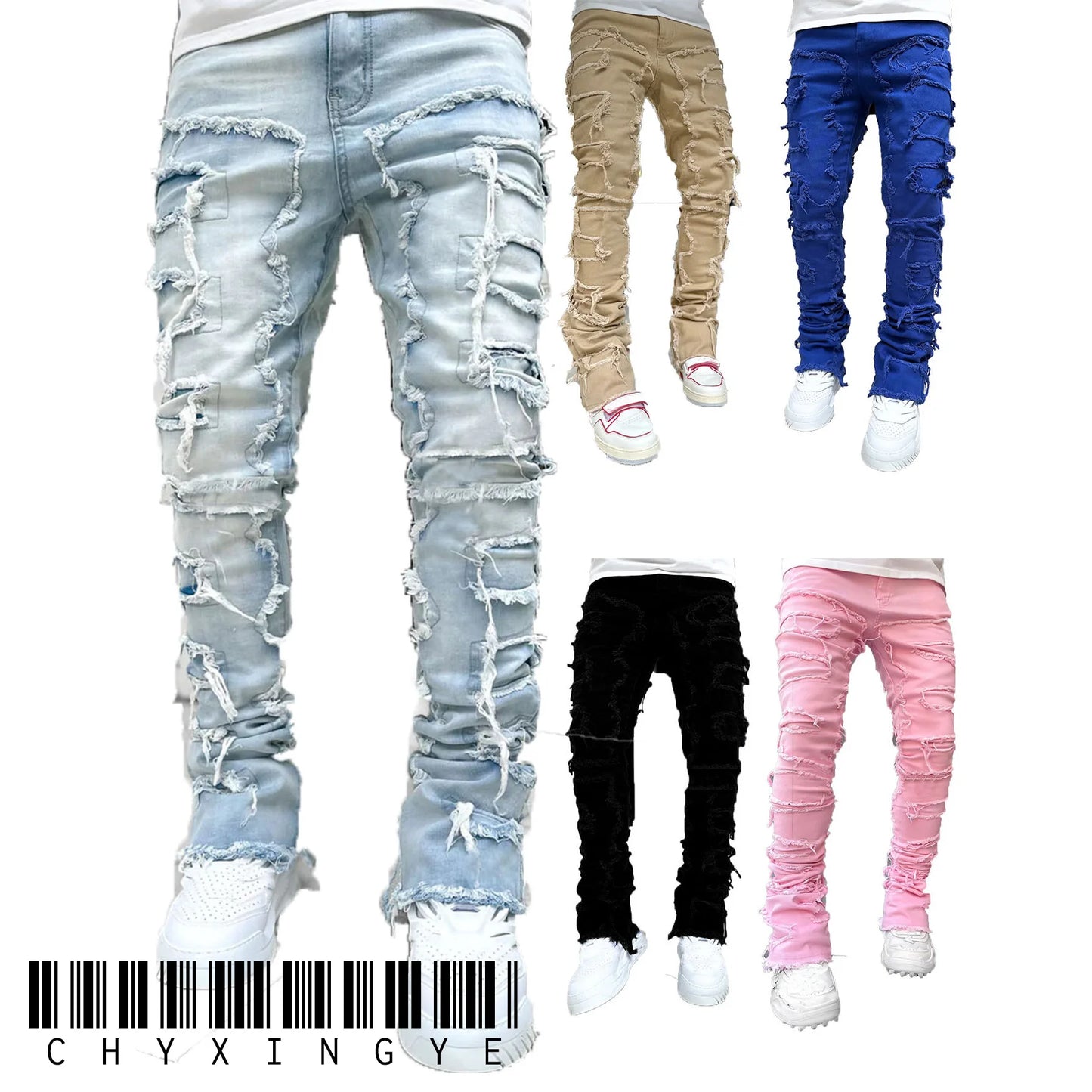 new Patch denim straight-leg pants retro jeans street fashion ins explosive style elastic new men's fashion retro denim trousers