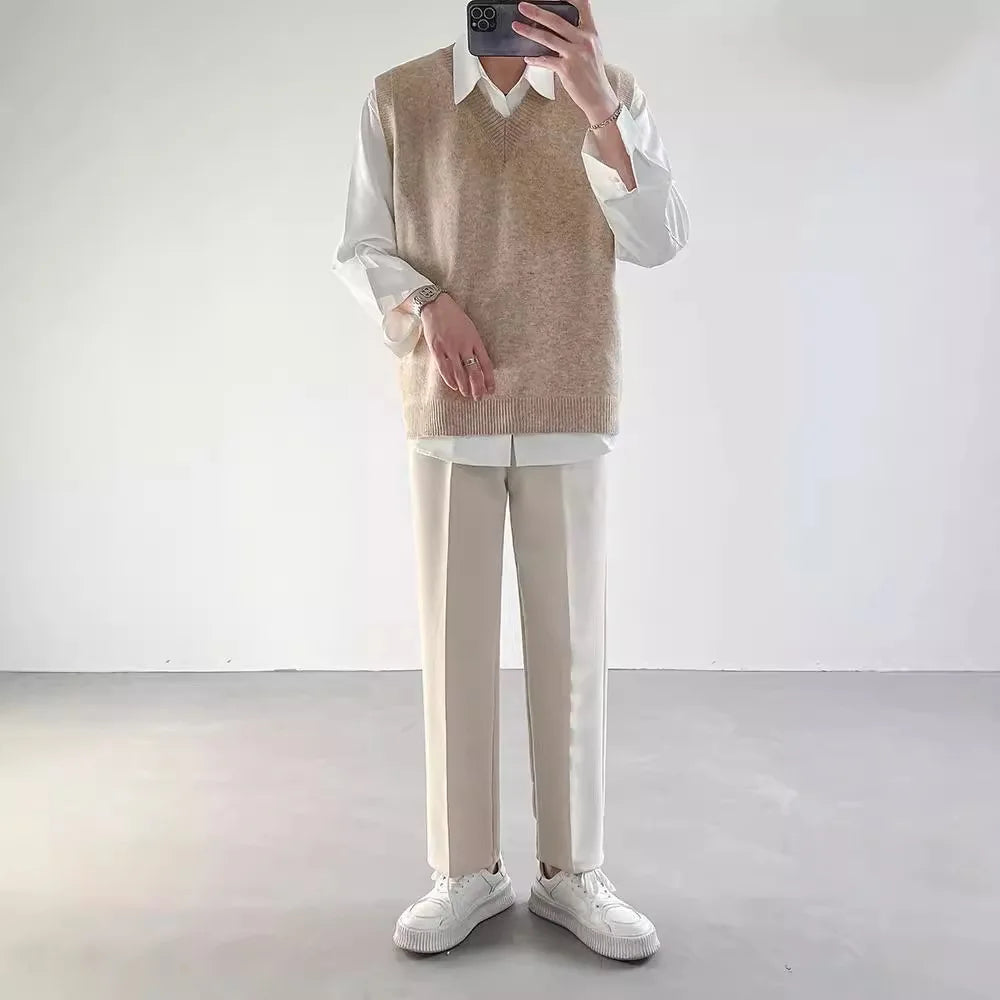 Korean Loose Base Knitted Sweater Sleeveless Vest Men's Underwear Pullover V-neck Sweater Vest