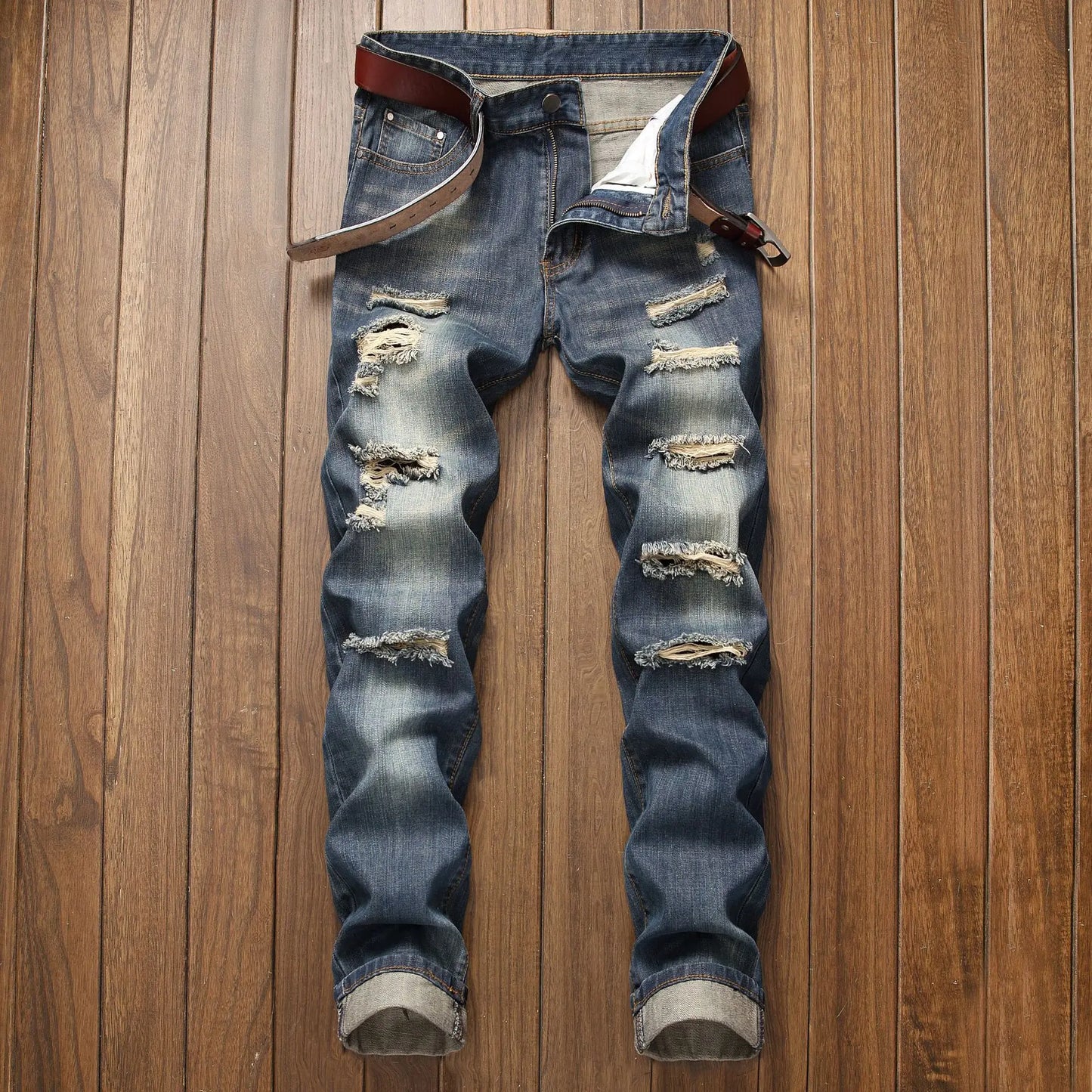 Fall New Men's Wear Ripped Straight Fit Stretchless Jeans Fashionable Blue Casual Social Hip Hop Party High Quality Denim Pants