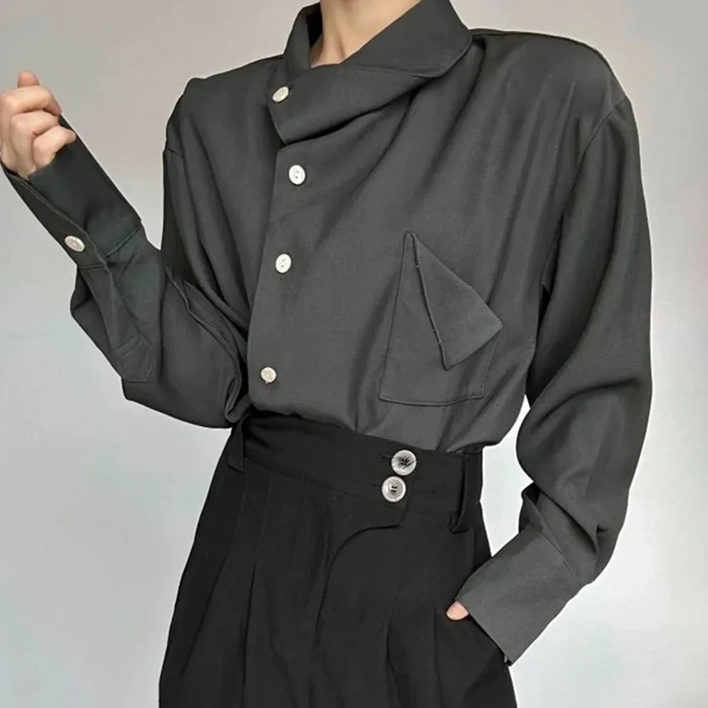 2026 Spring New Men's Long Sleeve Solid Color Shirt Elegant Retro High-End Fashion Loose Neckline Design Irregular Men's Tops