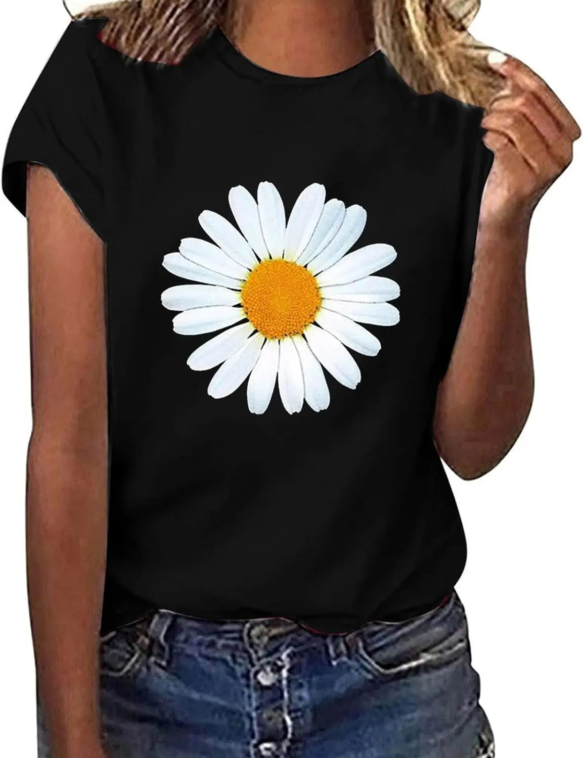 T Shirts for Women Casual Crewnwck Daisy Print Tops Casual Short Sleeve Blouse Tops Trsndy Loose Summer Going Out T Shirt