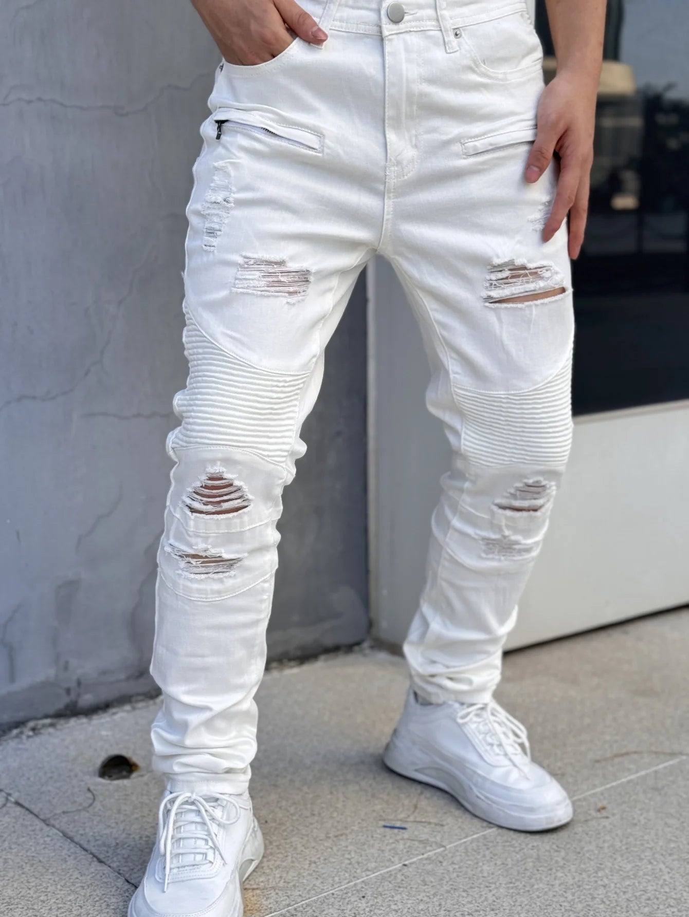Fashionable Men's Jeans   Cool and Stylish Hip Hop Style Casual Pants   White Cotton Blended Fabric   Breathable and Comfortable