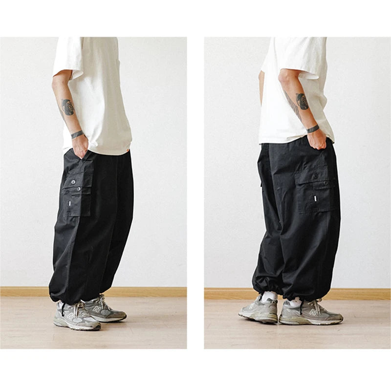 Multi-Pocket Oversized Cargo Pants Mens Casual Solid Thin Baggy Wide Leg Ankle Trousers Man Jogger Pants Harem Lantern Pants