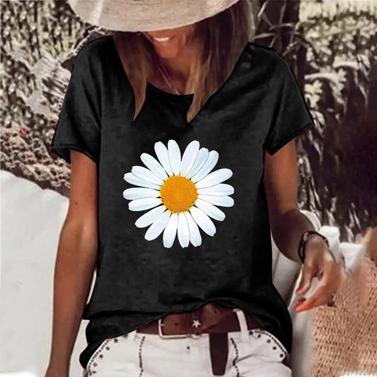 T Shirts for Women Casual Crewnwck Daisy Print Tops Casual Short Sleeve Blouse Tops Trsndy Loose Summer Going Out T Shirt