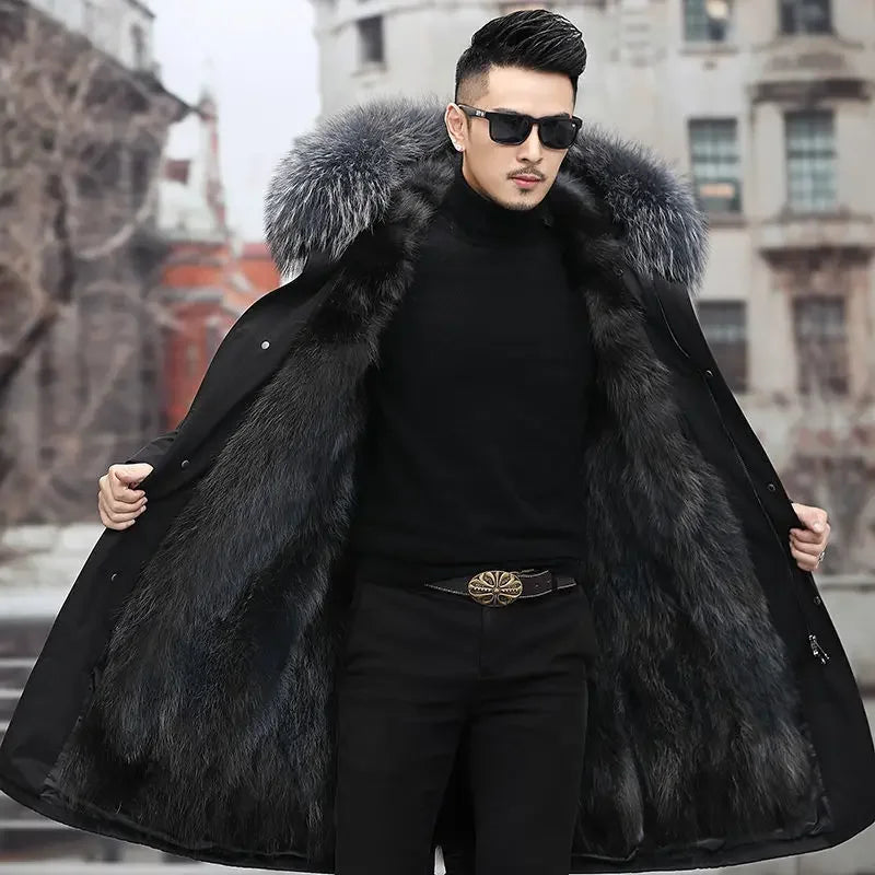 Thick Warm Coat Men Winter Coat  Winter Men's Parker Coat Medium and Long Fur In One Thermal Fur Jacket Men's Detachable Liner