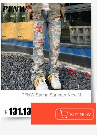 PFNW Spring Autumn New Men's American Vintage Streetwear Tide Denim Jeans Holes Raw Edge Casual Chic Straight Slim Pants 28A1011