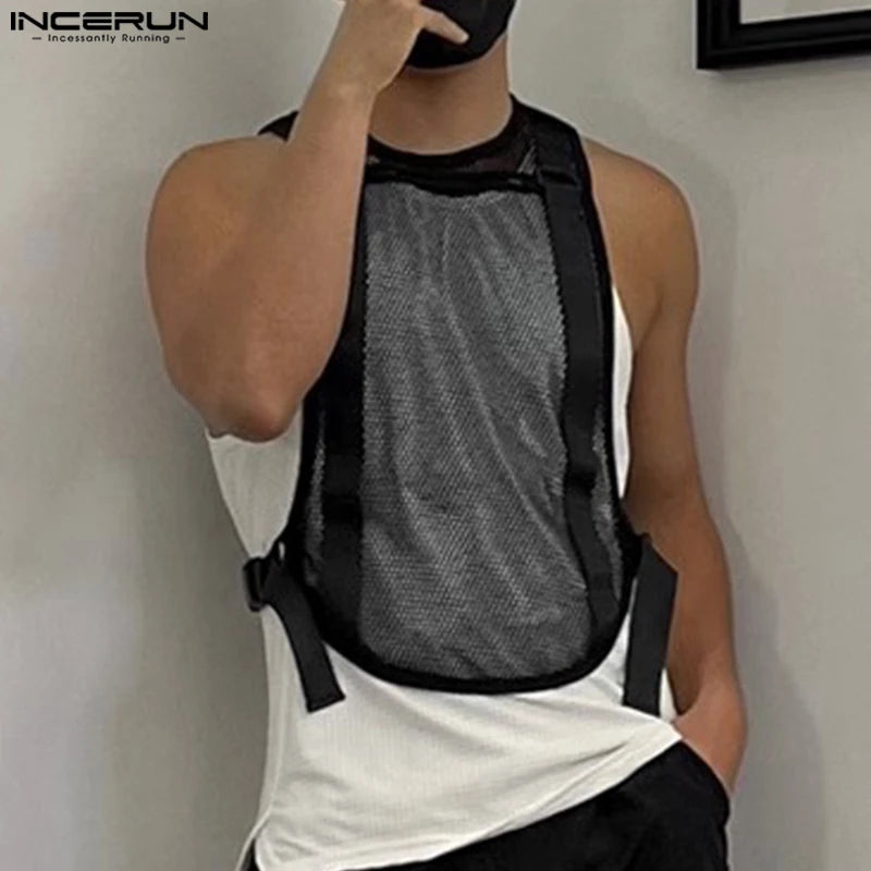 INCERUN Men's Tank Tops Mesh Transparent Solid Color O-neck Sleeveless Casual Male Vests Streetwear 2024 Fashion Men Clothing
