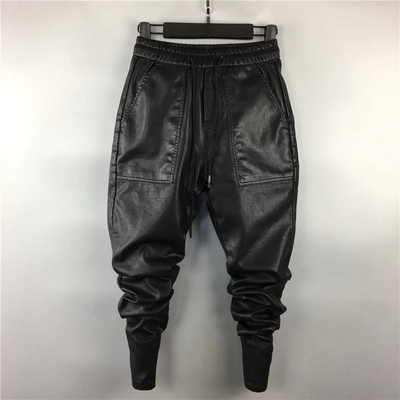 Owen Seak Men Casual Cargo Harem Pants High Street Hip Hop Length PU Faux Leather Sweatpants Autumn Winter Black Big Size