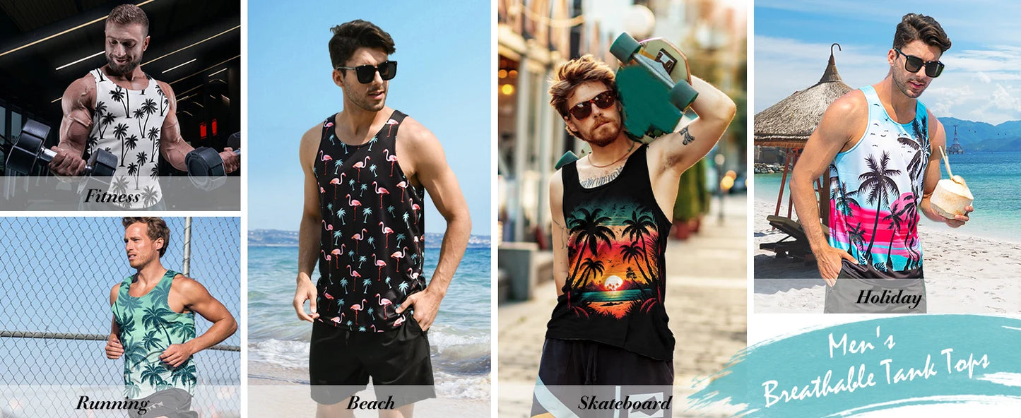 New Summer Men's Sleeveless T-Shirt Men's Outdoor Hawaii Classic Travel Wear Plus-Size Round Neck Palm Leaf 3D Printed Vest