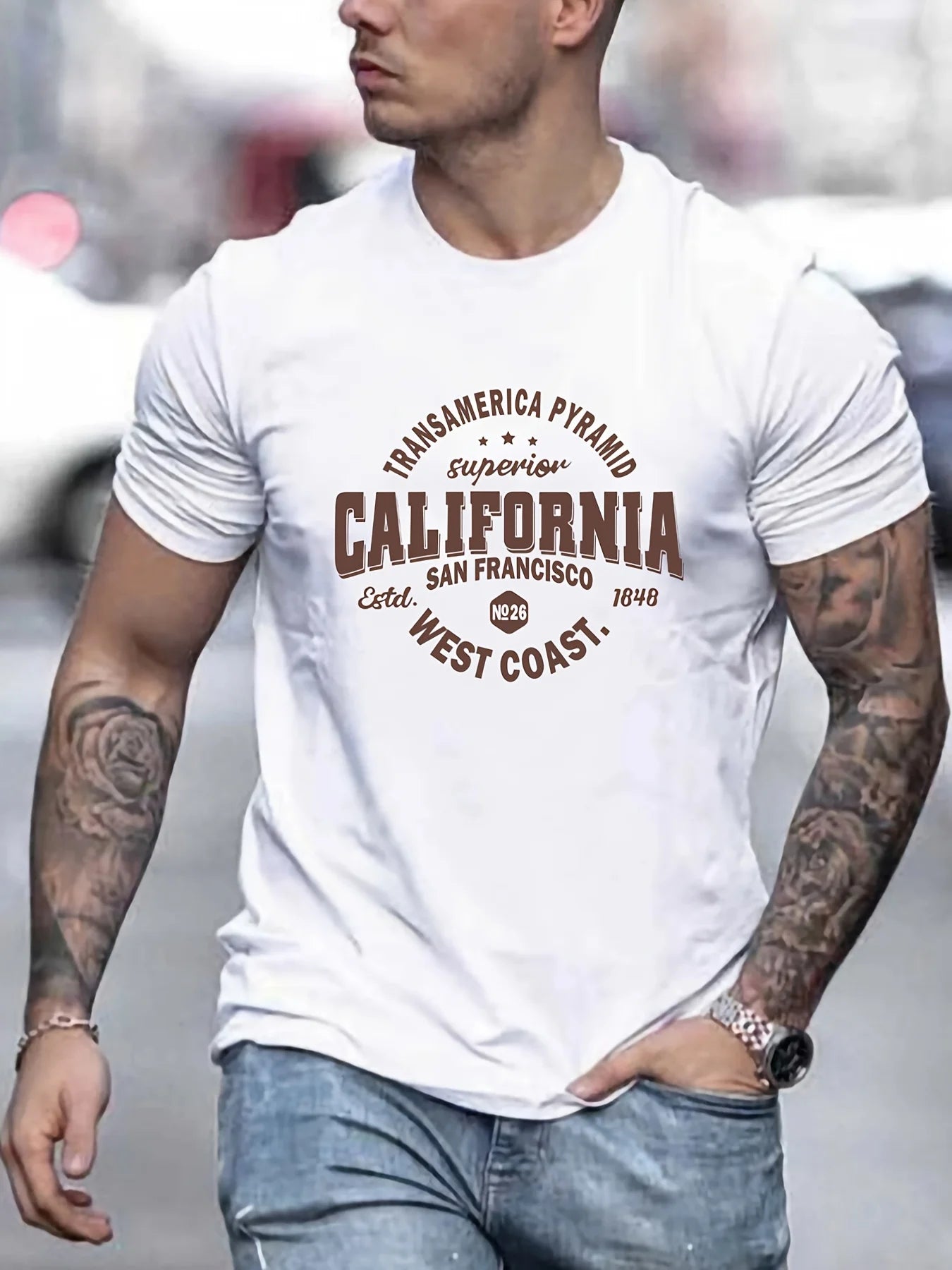 Men's 100% cotton casual sports loose fit California West Coast print round neck short sleeved T-shirt top