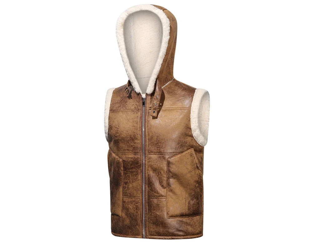 Winter Men's Fleece Warm PU Leather Vests Classical Men Faux Fur Motorcycle Leather Vests Men Windbreaker Hooded Vests Clothing