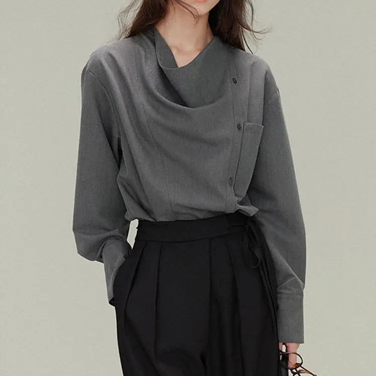 Premium gray drape shirt retro loose collar design long sleeve shirt bottoming shirt women's spring large size tide