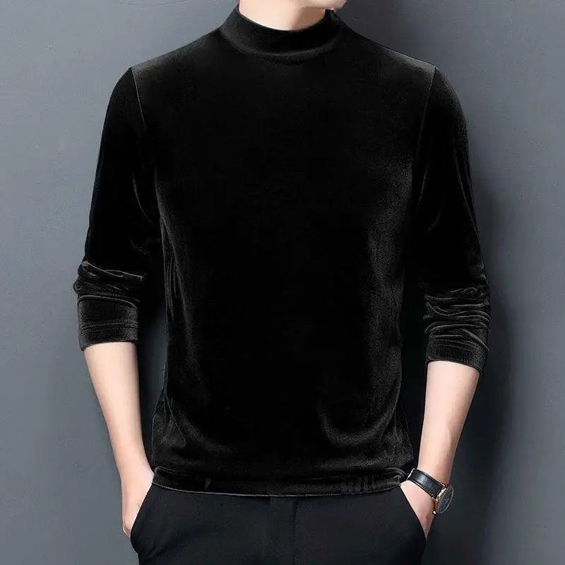 Men's Sweatshirt Velvet Half Turtleneck Sweater Autumn Winter Printed Long-sleeved Top Versatile