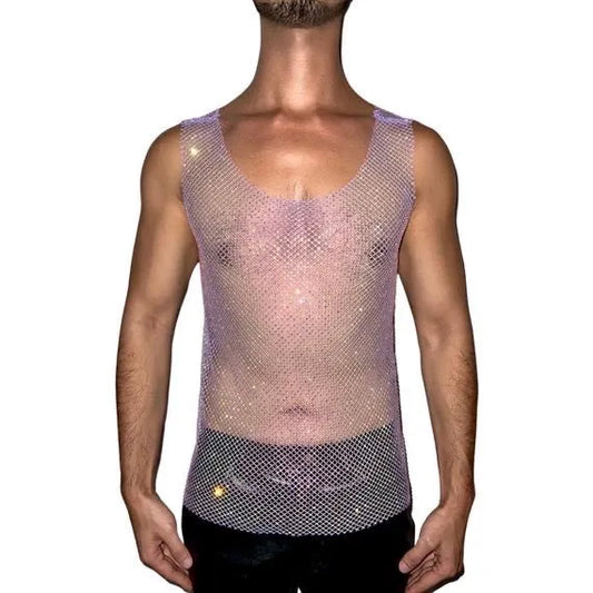 Men's Sheer Bling Tank Tops Mesh Fishnet Sleeveless Vest Top Hollow Out Flash Diamond Tank Shirt Sexy Tops to Show Muscle