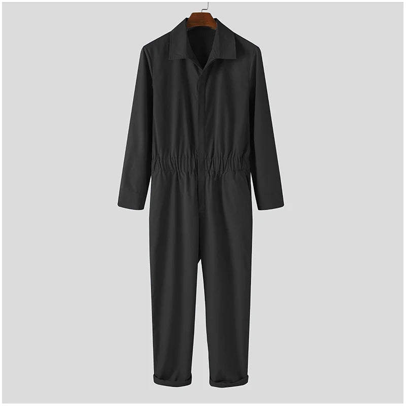 Men Solid Color Jumpsuit Playsuit  Buttons Casual Cargo Clothes Overalls Turn Down Collar Long Sleeve Oversized Waist Pants