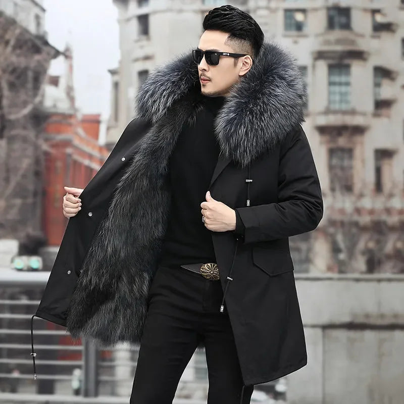 Thick Warm Coat Men Winter Coat  Winter Men's Parker Coat Medium and Long Fur In One Thermal Fur Jacket Men's Detachable Liner