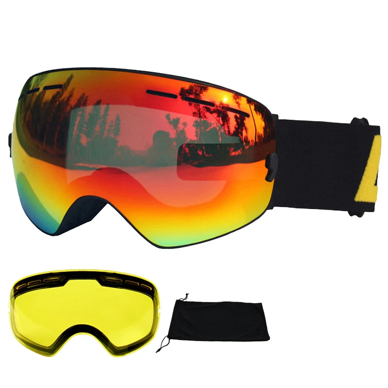 LOCLE Anti-fog Ski Goggles UV400 Ski Glasses Double Layers Skiing Snowboard Snow Goggles Ski Eyewear With One Brightening Lens