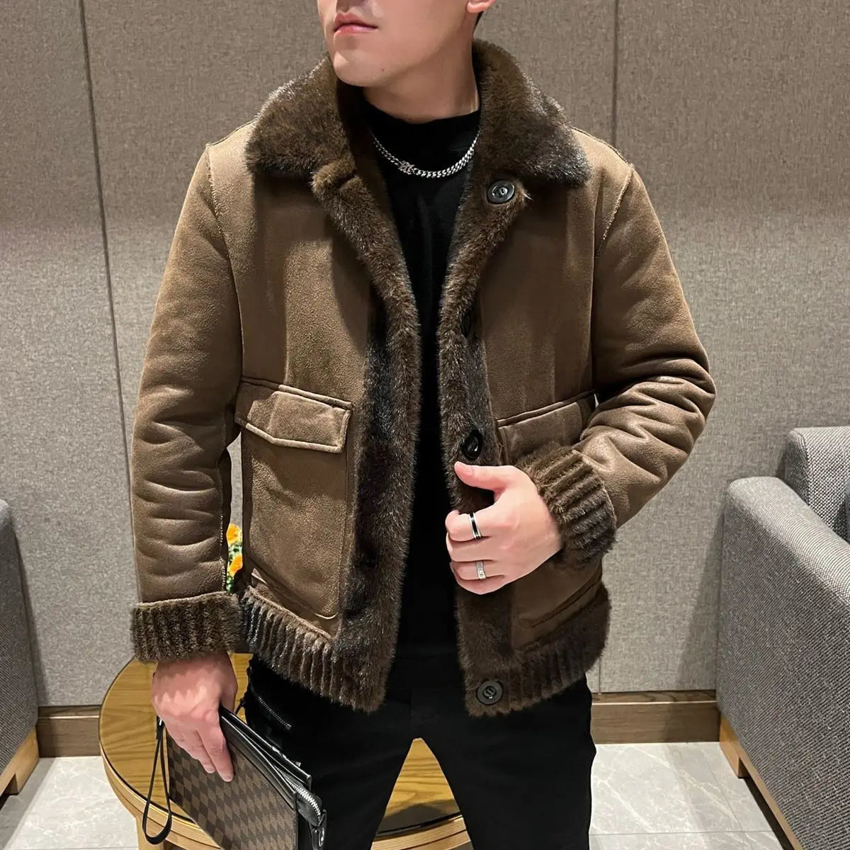Luxury Brand Winter Faux Fur Coat Men Warm Fur Jacket Single-breasted Reversible Wear Windproof Jacket Business Casual Outerwear