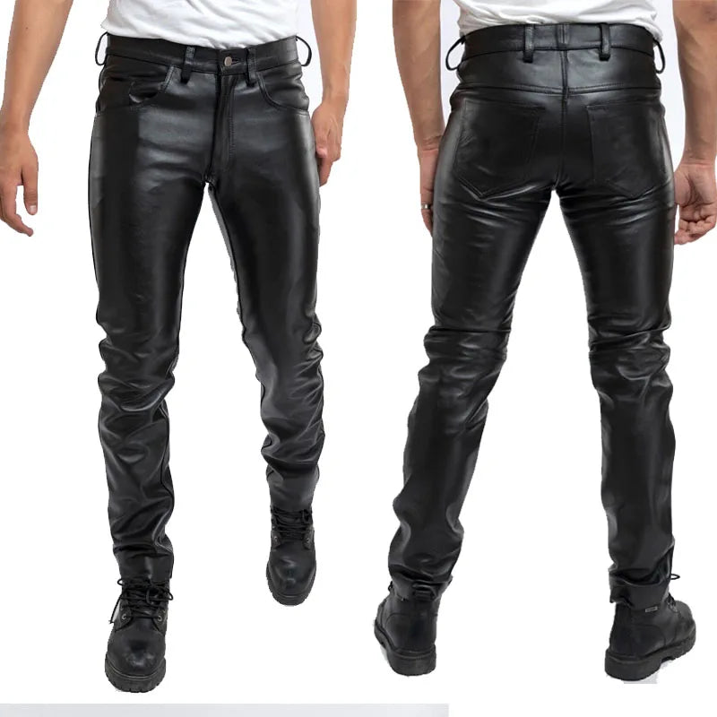 Men Leather Pants Slim PU Leather Trousers Fashion Elastic Motorcycle Leather Pants Waterproof Oil-Proof Male Bottoms
