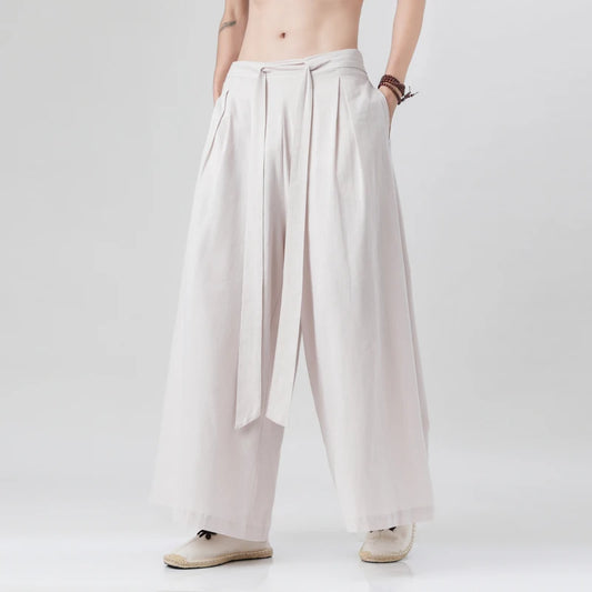 Spring Men Chinese Style Cotton Linen Harajuku Pants Men Kung Fu Kimono Trousers Male Street Wushu Wide Leg Pants Bottom