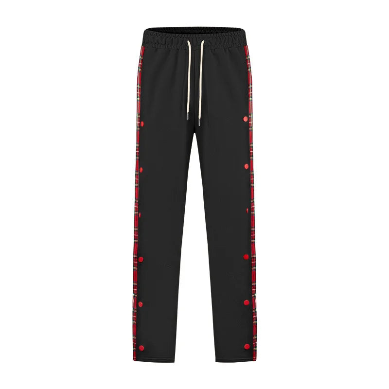 American New Men's Sports Pants Spring and Autumn Breasted Plaid Stitching Design Casual Pants Loose Straight Men's Sweatpants