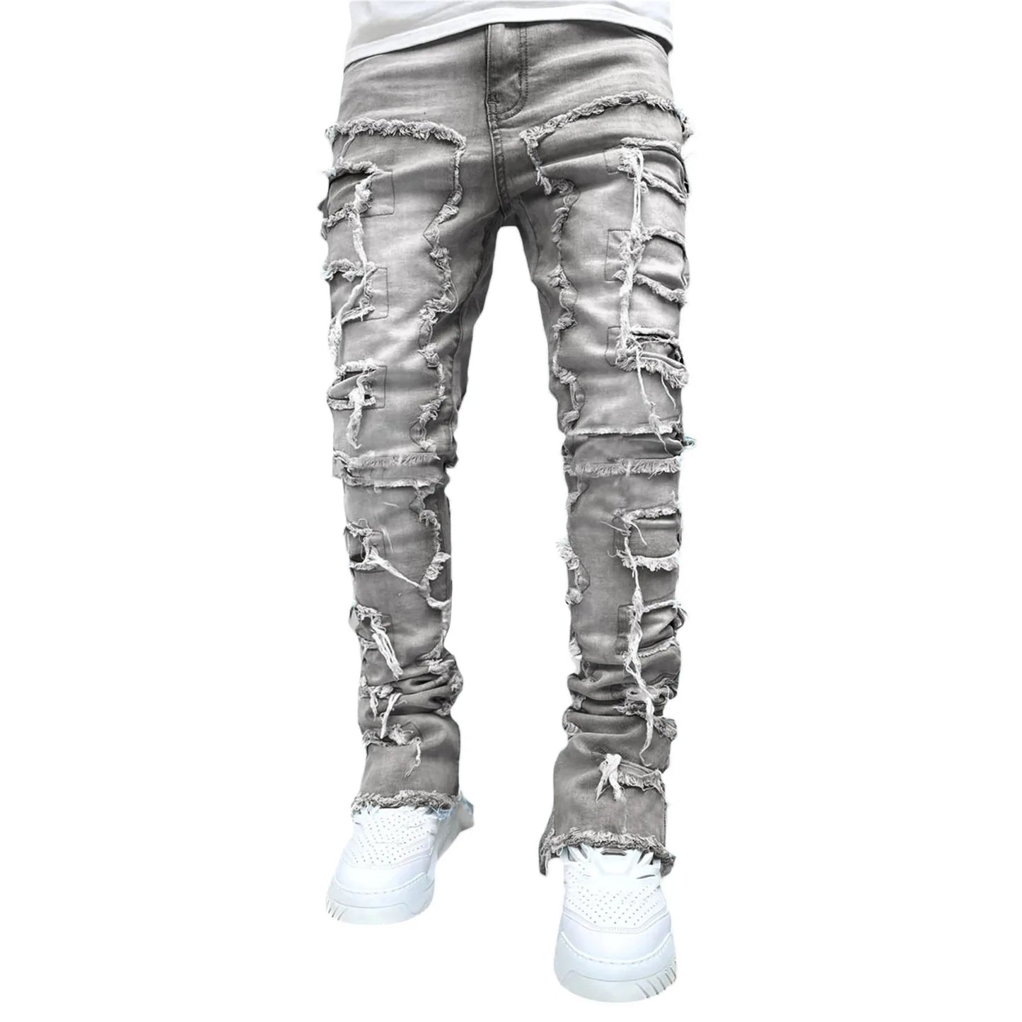 High Street White Men's Stacked Jeans Stretched Patchwork Tassel Damaged Denim Full Length Pants Hip-pop Trousers For Male ﻿