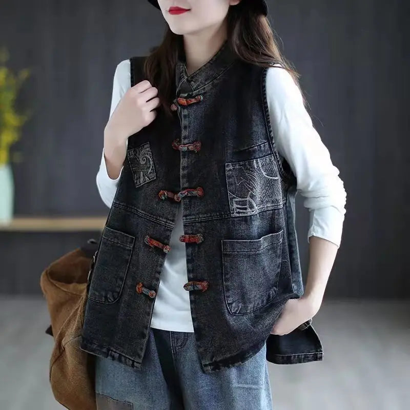 Women's Denim Vest Cotton Spring and Summer Short Plus Size Vest Chinese Style Retro Korean Fashionable Sleeveless Jacket Women