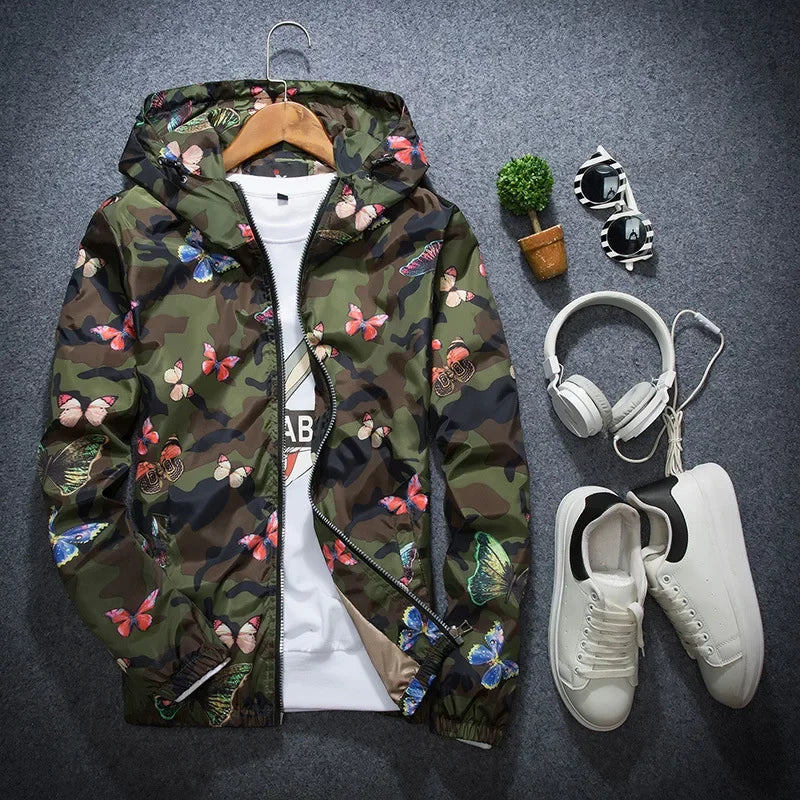 2025 Spring New Men's Camouflage Hooded Jacket Fashion Butterfly Print Loose Casual Coat Men Hood Windproof Outerwear Young Teen