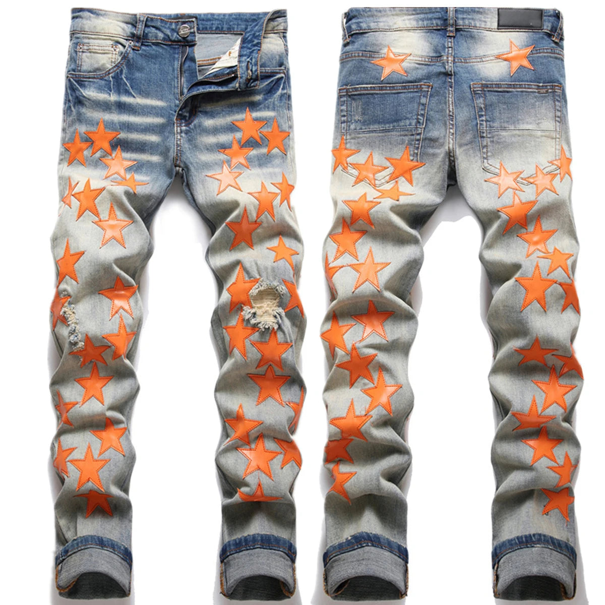 2023 Autumn New Fashion Men High Street Orange Star Embroidery Patch Jeans Men's Slim Fit Full Sky Star Denim Pants Jeans