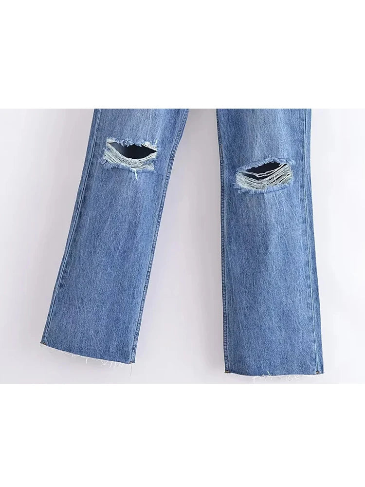 TRAF Blue Baggy Jeans Women Ripped Denim Pants Woman High Waist Wide Leg Pants Female Fashion Streetwear Women's Trousers