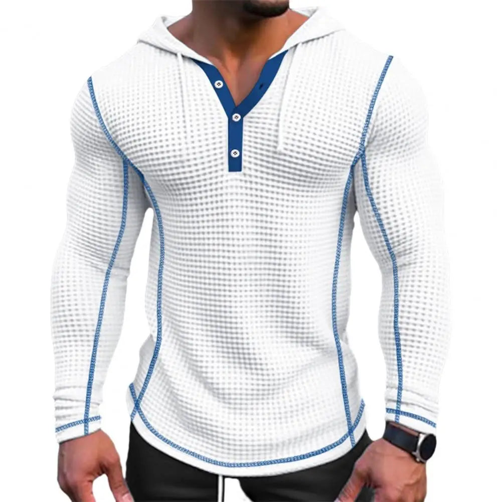 Breathable Waffle Fabric Sweatshirt Stylish Men's Waffle Cotton Hoodie Slim Fit Button Closing Breathable Long for Fashionable