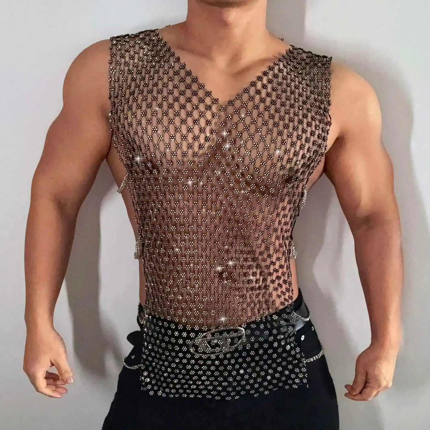 Summer shiny sequin sleeveless men fitness tank top Sexy plus size see through party club t shirt