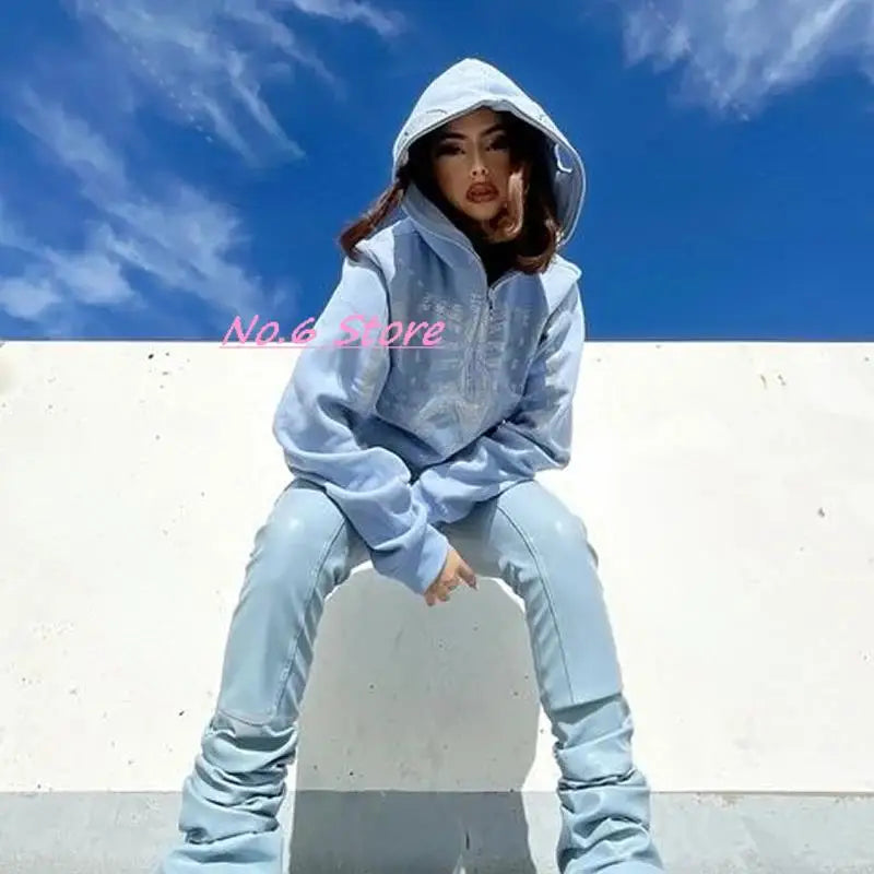 Hip Hop Sweatshirt Rhinestone Skull Graphics Oversized Couples Hoodie Y2k Clothes Full Zip Up Punk Sport Jacket Men Streetwear